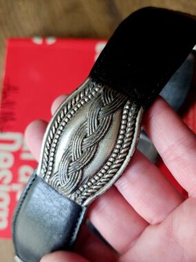 Fossil Black Leather Western Belt with Antique Silver Braided Metal Accent SMALL